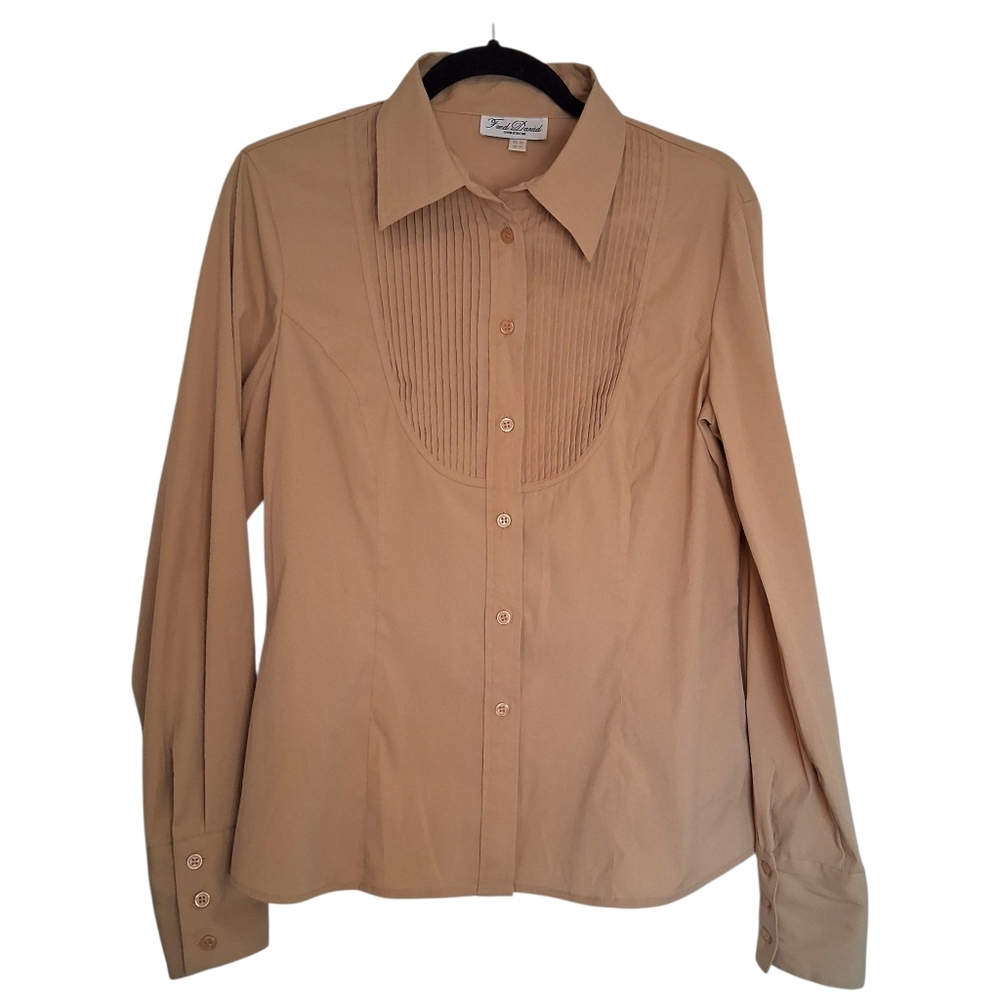 Fred David Stretch Pleated Pintuck Button-Down Blouse Size 10